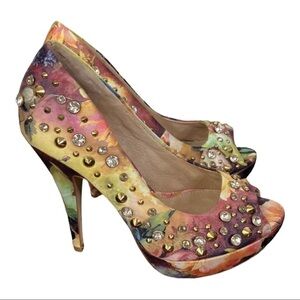 Aldo Greysen Studded Peep Toe Floral Chunky Platform Heels Size 6